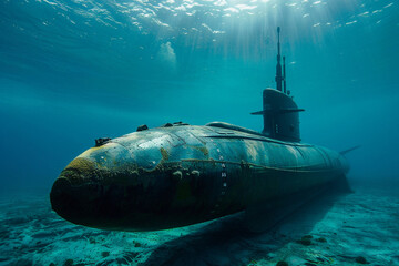 Beautiful large submarine floating in middle of ocean during mission