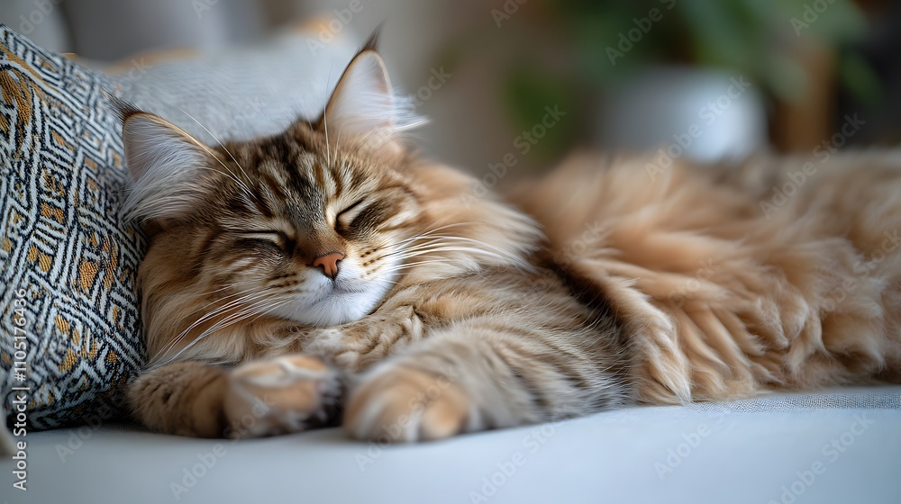Poster adorable fluffy tabby cat napping peacefully on a soft plush cushion in a comfortable relaxed settin