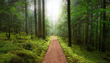 Obraz premium 深い森の中の一本道