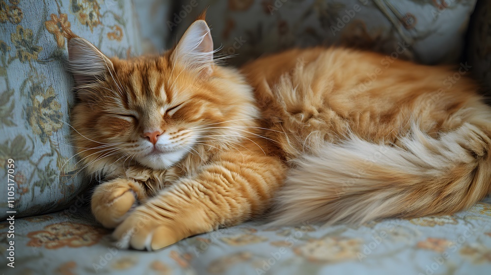 Poster closeup of a fluffy ginger colored tabby cat napping peacefully on a vintage patterned sofa the feli