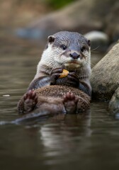Playful otter relaxing in water while holding a pebble