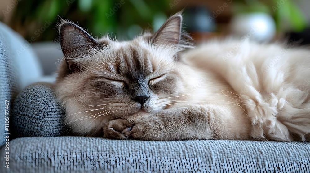 Poster adorable fluffy cat resting comfortably curled up and snoozing on a soft textured cushion in a cozy 