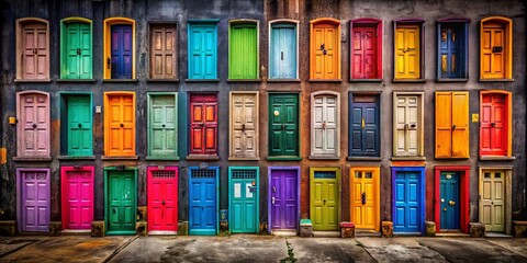 Obraz premium Aerial View of Vibrant Closed Doors in Diverse Colors Set Against a Dark Wall, Highlighting Architectural Elements and Color Contrast in a Unique Composition