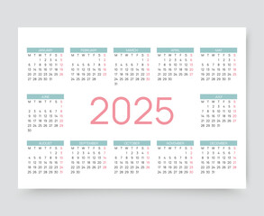 2025 year calendar grid. Pocket wall calender layout. Week starts Monday. Yearly organizer with 12 month in English. Scheduler template in minimal design. Vector illustration. Landscape orientation A4