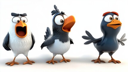 Fototapeta premium Whimsical Avian Art: Cartoon Birds on White Background