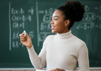 Female African-American teacher writing on chalkboard in classroom