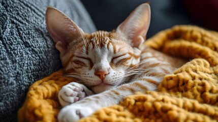 Adorable orange tabby cat or kitten sleeping peacefully and comfortably curled up on a soft patterned textile blanket  The feline s eyes are closed