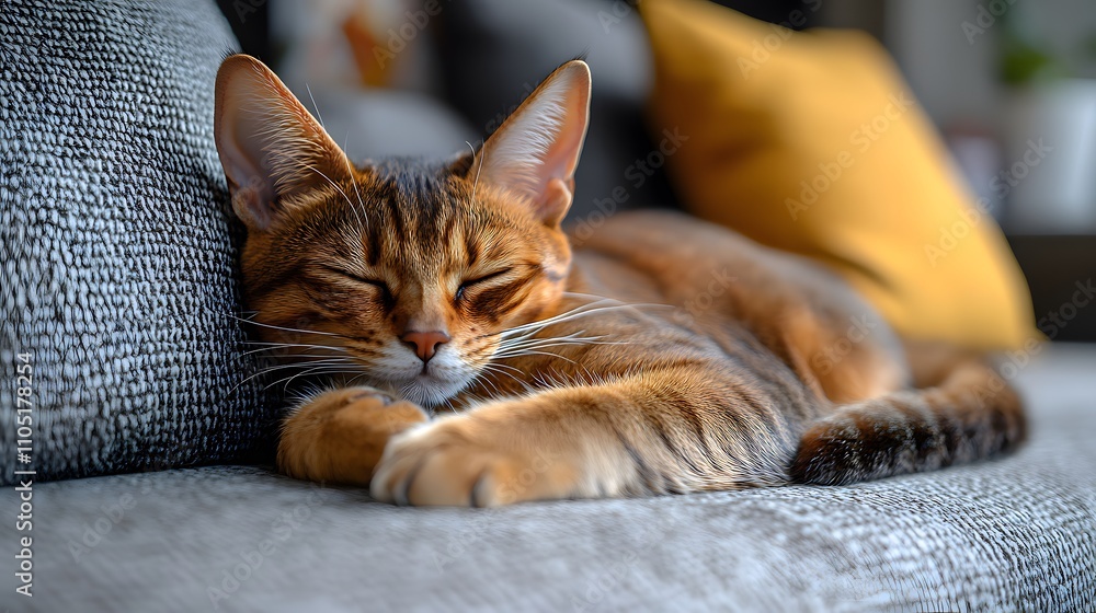 Poster closeup view of a content tabby cat curled up and napping peacefully on a comfortable grey sofa in a