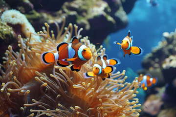 Fantastically beautiful bright clownfish swims in deep sea among corals