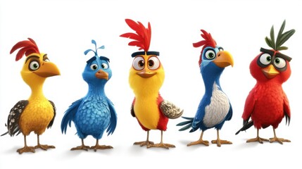 Fototapeta premium Whimsical Avian Art: Cartoon Birds on White Background