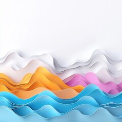 A vibrant arrangement of wavy paper layers in hues of blue, orange, pink, and white, creating a dynamic and textured visual effect. isolated on white background