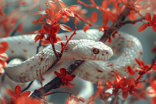Beautiful white snake in the park. White snake in the Spring Garden. Outdoor exotic pet portrait.