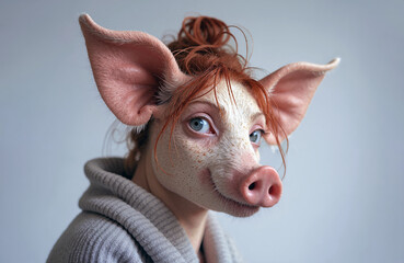 Portrait of a surreal human-pig hybrid with large ears and snout.