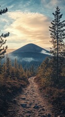 A serene mountain landscape at dusk, featuring a winding trail surrounded by lush trees and soft clouds in the sky.