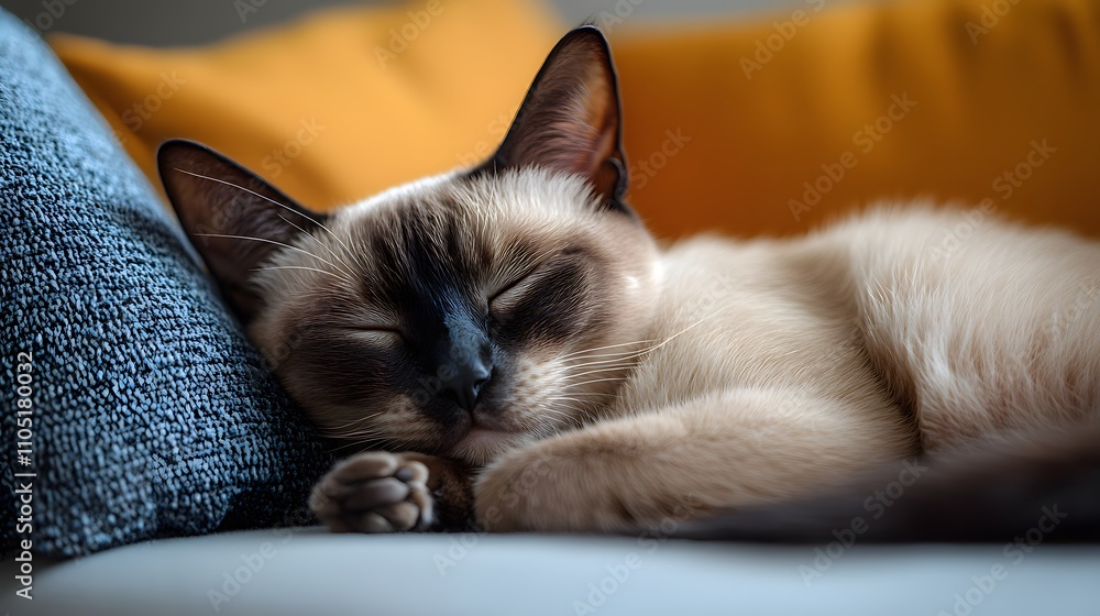 Poster adorable siamese cat peacefully napping and resting on a soft plush cushioned sofa in a cozy comfort