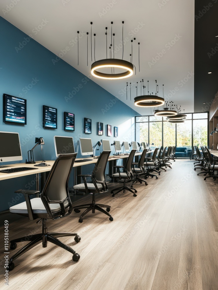Poster coworking office interior with tables and computers standing on them. 3d rendering
