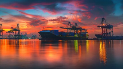 A vibrant sunset over a bustling shipping port, featuring illuminated cranes, a large cargo ship, and colorful reflections on the calm water, showcasing the harmony of industry and nature.