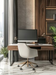 Cozy and sunny home office area for remote work with stylish furniture, computer and marble floor. Blank computer monitor. 3D rendering