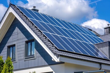 Solar panels on the gable roof of a beautiful modern home.