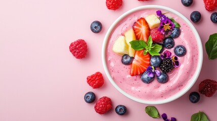 A vibrant smoothie bowl topped with fresh berries, banana, and mint, set against a soft pink background, showcasing a healthy and colorful breakfast option.