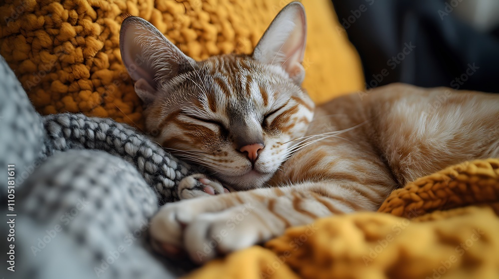 Poster closeup of a peaceful relaxed tabby cat sleeping soundly curled up in a soft comfy blanket and pillo