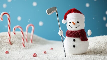 A festive snowman in a Santa hat golfing among candy canes.