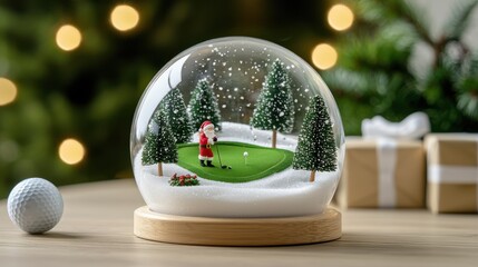 A festive snow globe featuring Santa on a golf course.