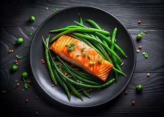 Exquisite Baked Salmon Steak with Fresh Green Beans on a Stylish Black Plate - A Top View Culinary Delight with Ample Free Space for Culinary Branding and Recipe Sharing