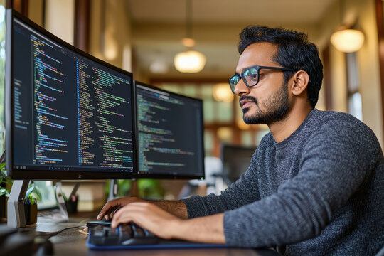 Indian male programmer working on computer
