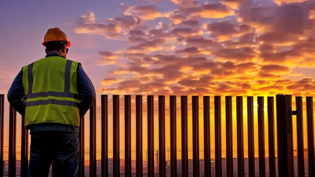 Worker at a closed factory gate, trade war impact on employment, economic downturn, job security