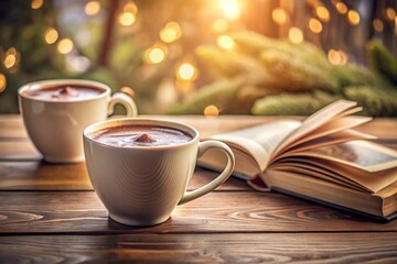 Two coffee cups on table beside a open book, reading and relaxing 