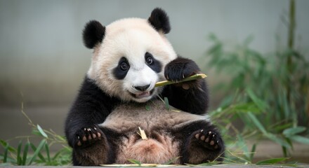 Fototapeta premium Adorable baby panda sitting and eating bamboo in natural habitat
