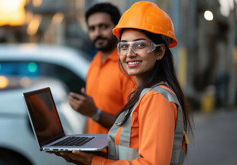 indian female engineer holding laptop
