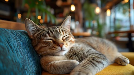 Closeup of a tabby cat peacefully napping and curled up on a plush textured couch cushion  The feline appears content and relaxed in its cozy indoor home environment