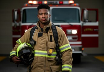 African-American male firefighter in uniform holding helmet in front of fire truck