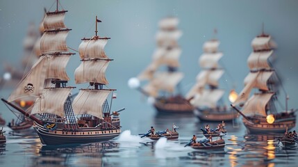 Miniature Historic Naval Battle with Sailing Ships