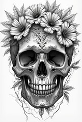Sugar Skull with Floral Crown: A Monochrome Masterpiece