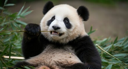 Fototapeta premium Giant panda eating bamboo in natural habitat