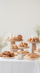 Fototapeta premium Delightful dessert display with croissants and rolls on wooden stands