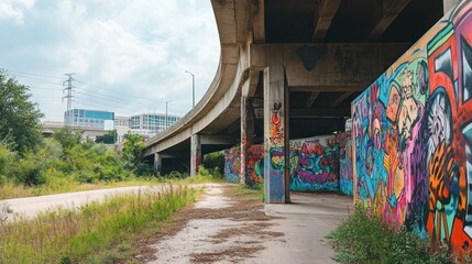 Overpass adorned with colorful graffiti art, surrounded by an urban sprawl 