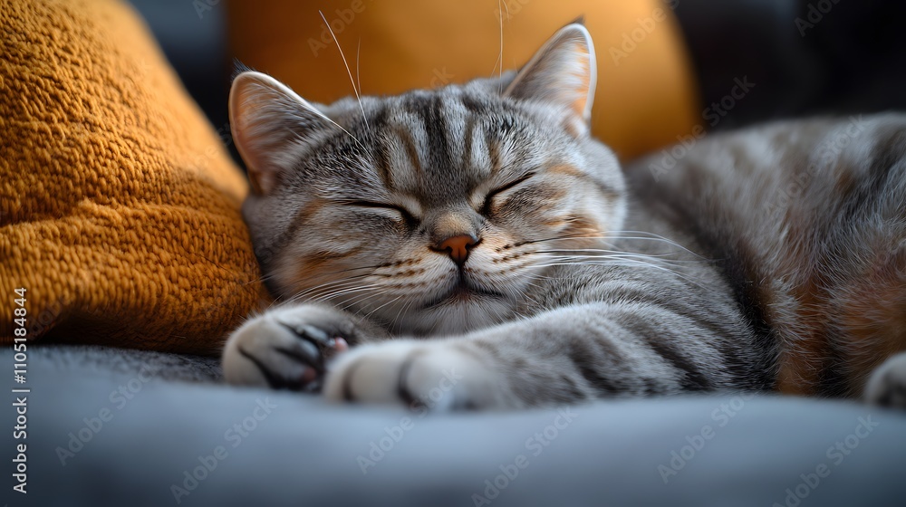 Poster closeup of a cute and fluffy grey tabby cat curled up and sleeping peacefully on a soft and comforta