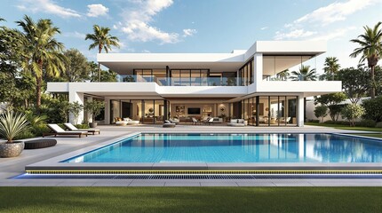 Fototapeta premium Exterior of amazing modern minimalist cubic villa centered with large swimming pool among palm trees