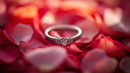 Romantic Diamond Engagement Ring on Red Rose Petals