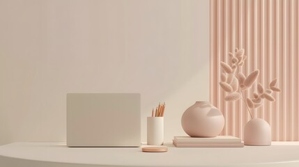 Minimalist Workspace Design with Neutral Tones and Dried Flowers