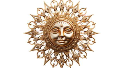 A stunning golden metallic sun with a face. Perfect for adding a touch of vintage luxury and bohemian style to your living room or bedroom, isolated on transparent background.
