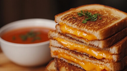 A stack of grilled cheese sandwiches with a bowl of tomato soup in the background