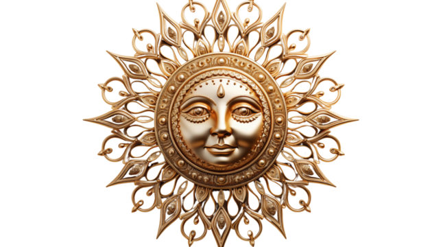 A stunning golden metallic sun with a face. Perfect for adding a touch of vintage luxury and bohemian style to your living room or bedroom, isolated on transparent background.