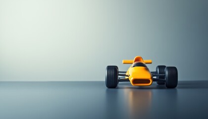 Obraz premium A Stunning View of a Yellow Formula 1 Race Car Model on a Smooth Gray Surface Against a Neutral Background, Displaying a Sense of Speed and Minimalism