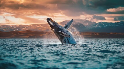 Fototapeta premium Humpback Whale Leaping at Sunset