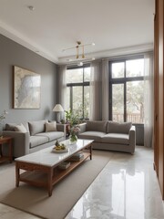 Fototapeta premium Gray sofa in a iluminated living room interior design